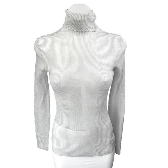 NEW Ser.O.Ya Piper Gray Linen Knit Turtleneck Long Sleeve Sheer Sweater Top Sz M